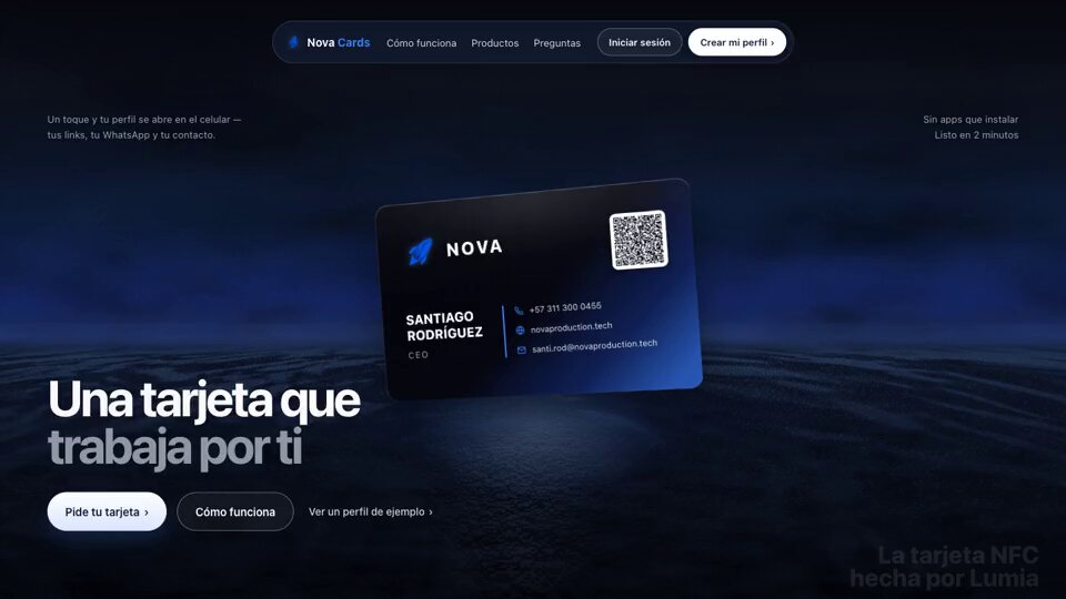 Sitio de Nova Cards, tarjetas NFC con perfil digital, construido por Nova